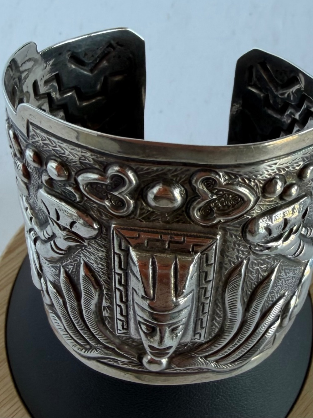 1950s Mexico Silver Cuff Bracelet with Pre-Columbian/Aztec/Mayan Revival Design